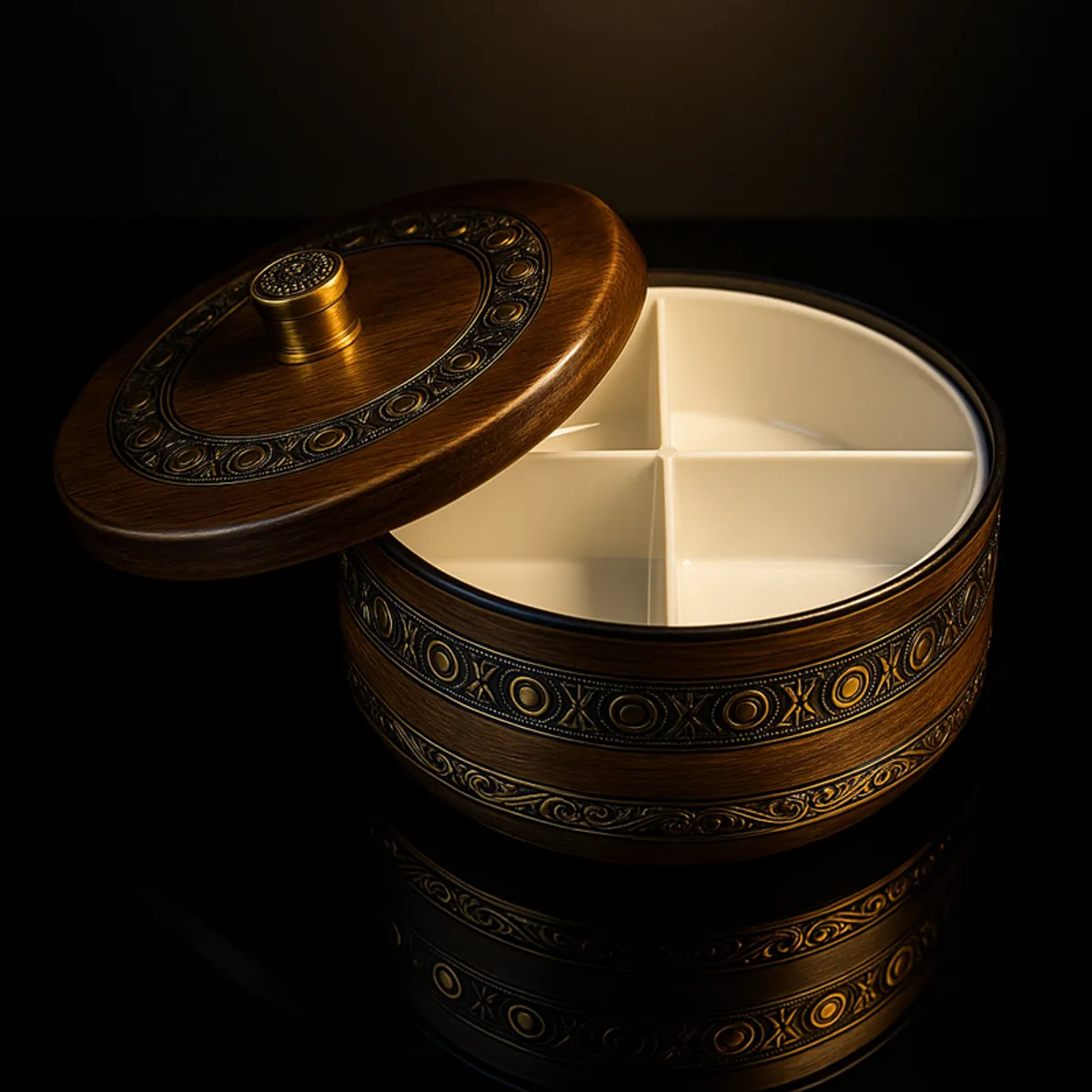 Open round brown and gold box showing four empty compartments