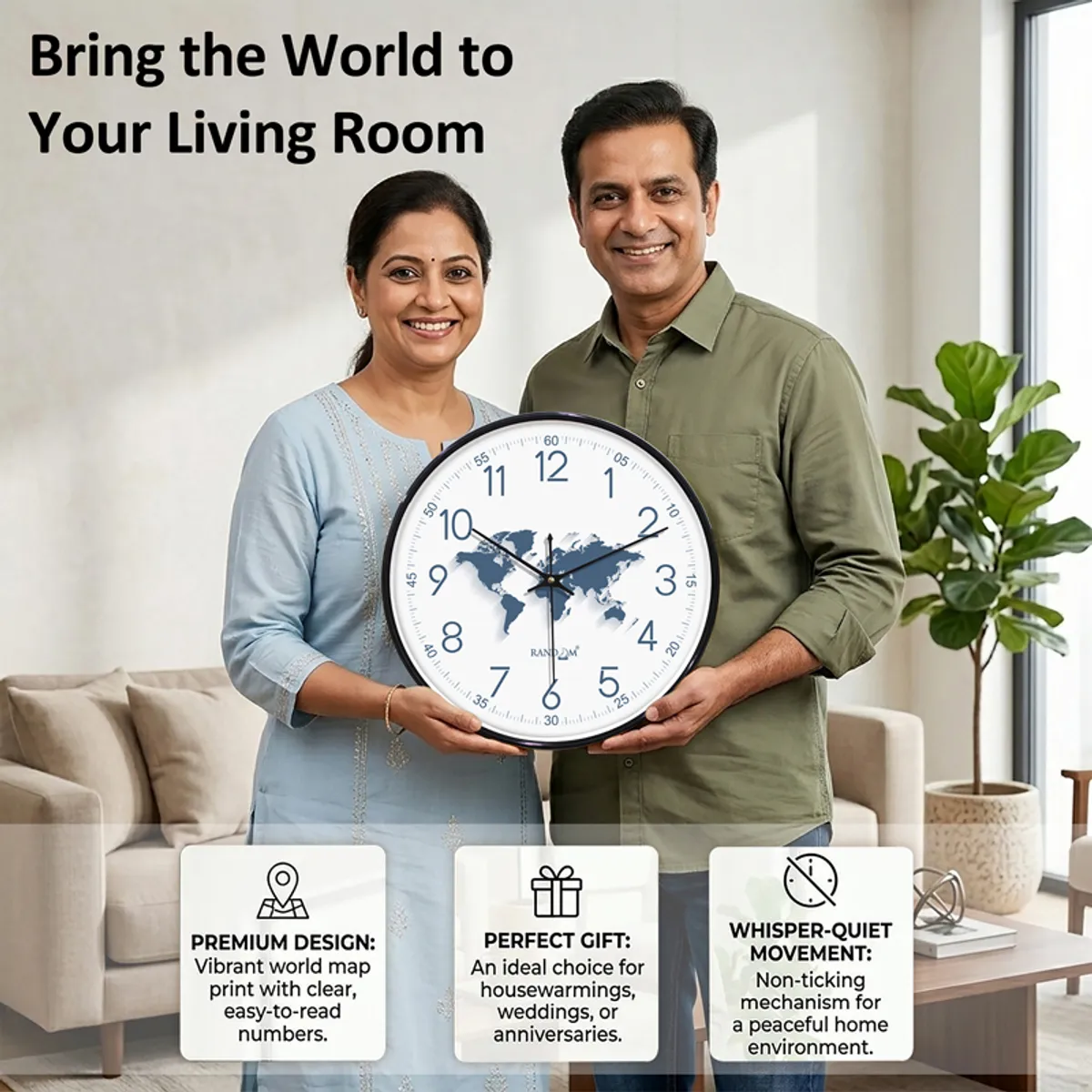Couple holding the navy blue and white world-map wall clock in a living room.