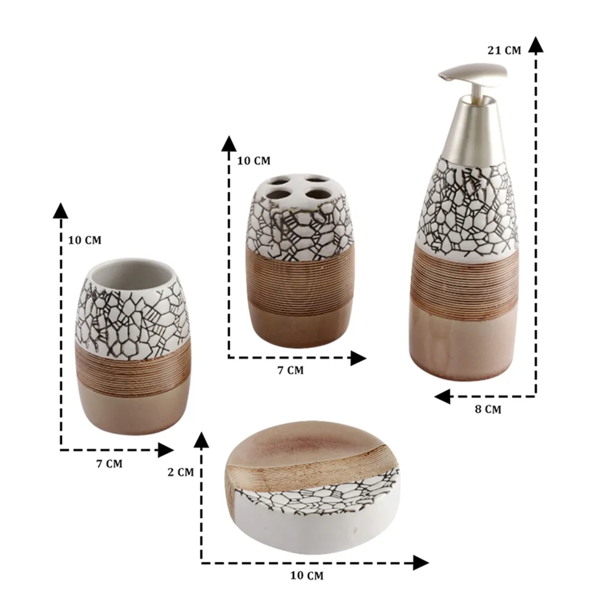 Bathroom accessory set showing soap dish, toothbrush holder, tumbler and dispenser dimensions