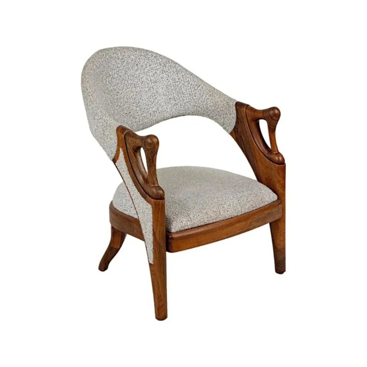Grey upholstered accent chair shown at an angle on a white background