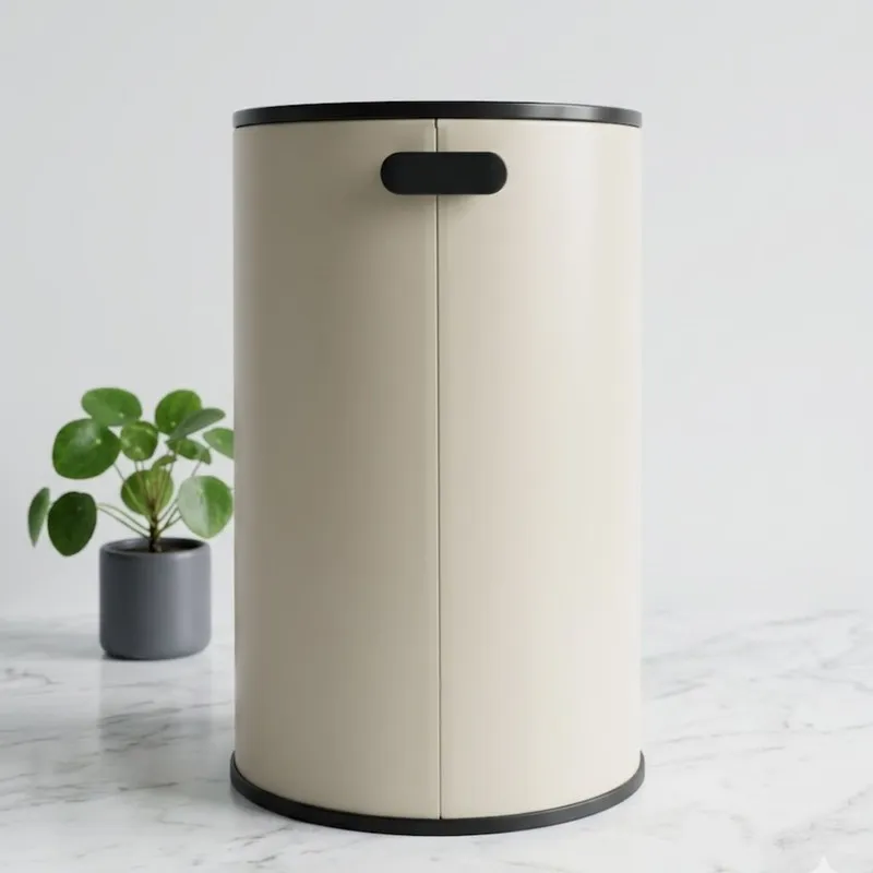 Rear view of beige cylindrical dustbin with black trim
