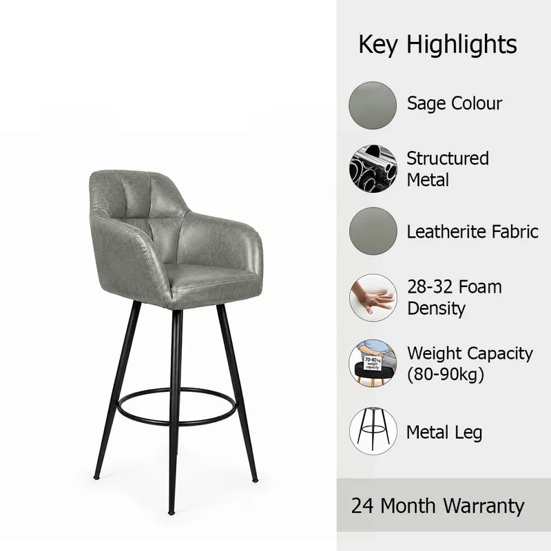 Grey upholstered bar chair with black metal legs and highlight icons