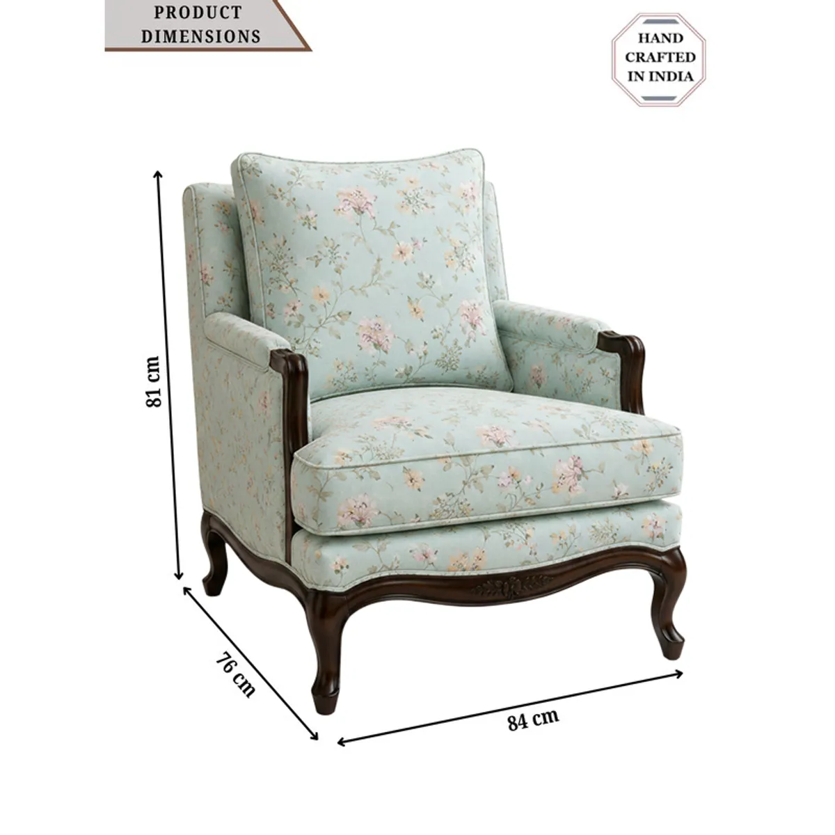 Floral lounge chair shown with dimension arrows on a white background