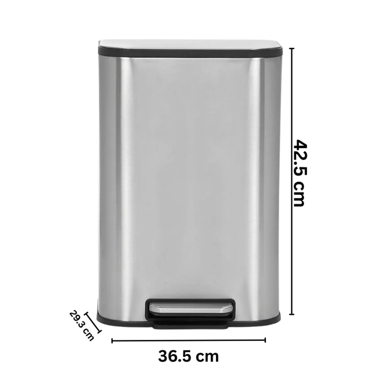 Front view of the silver rectangular dustbin with dimension markers