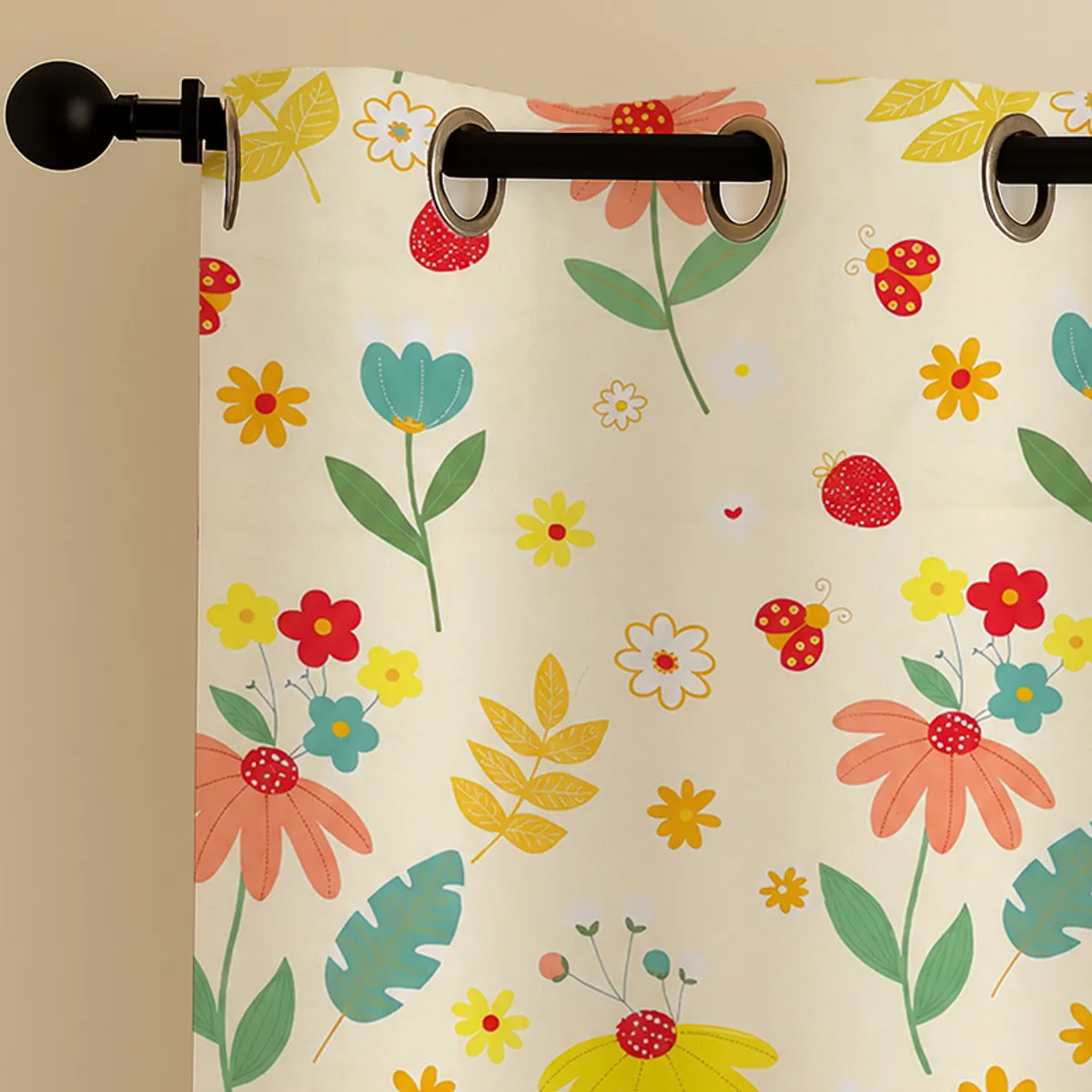 Close-up of off-white floral curtain with metal eyelets on a rod