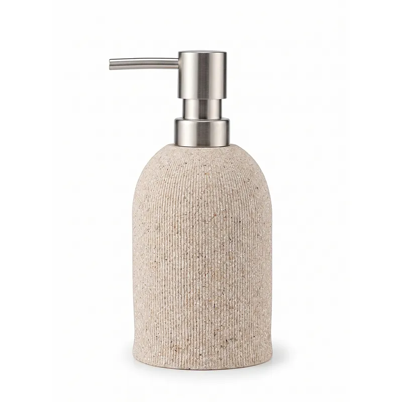 Beige textured soap dispenser with silver pump on a white background