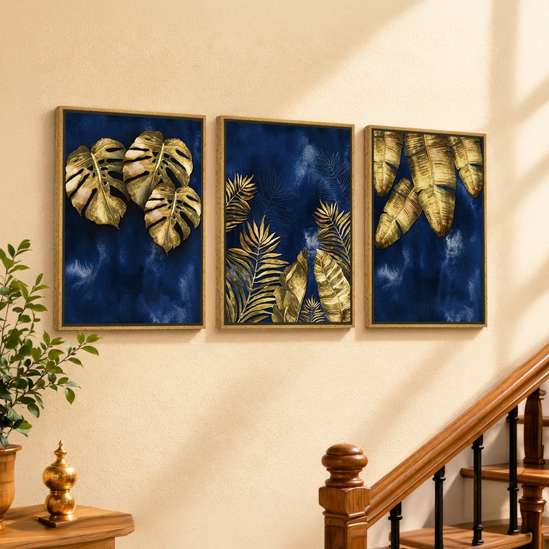 Nocturnal Leaf Canvas Wall Painting With Frame - Set of Three