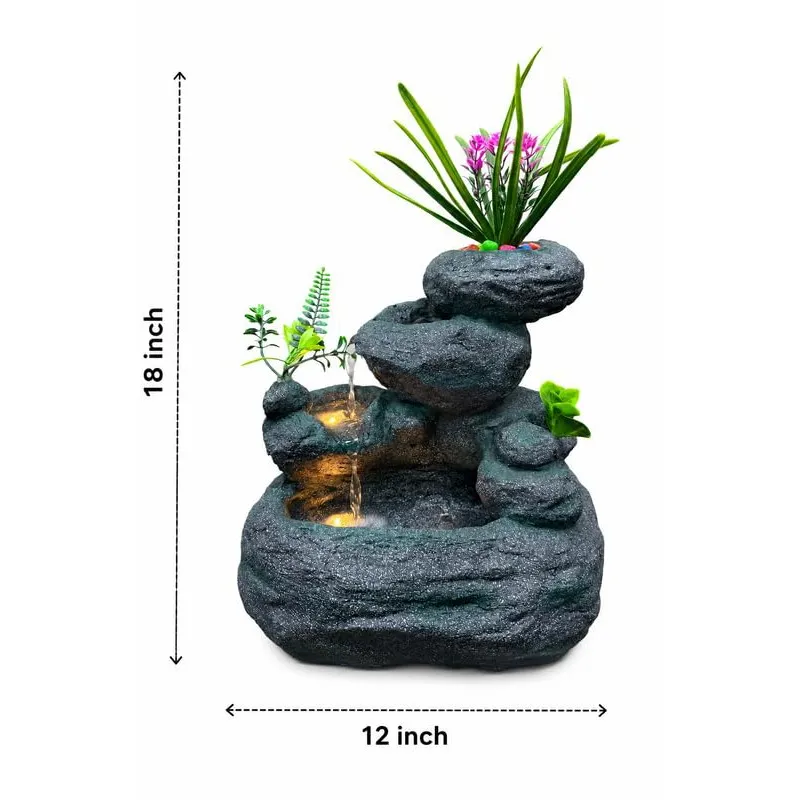 Grey rock-style tabletop fountain shown with 18 inch height and 12 inch width markers