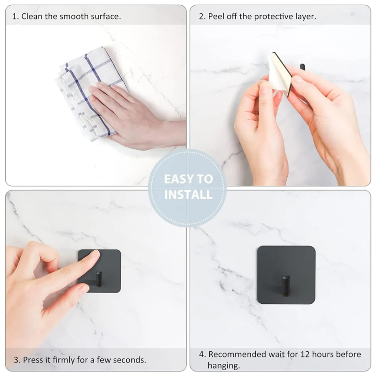 Step-by-step visual showing how to install a black adhesive wall hook