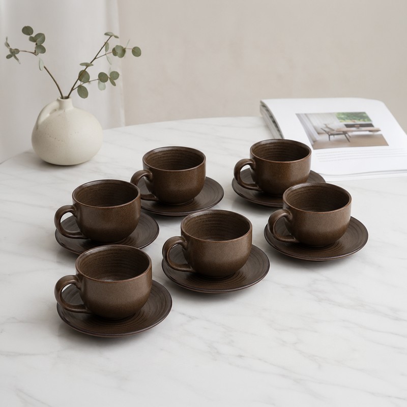 Cozy Sips Ceramic Cup & Saucer Set (Brown/250 mL Each) - Set of Six - 250 mL