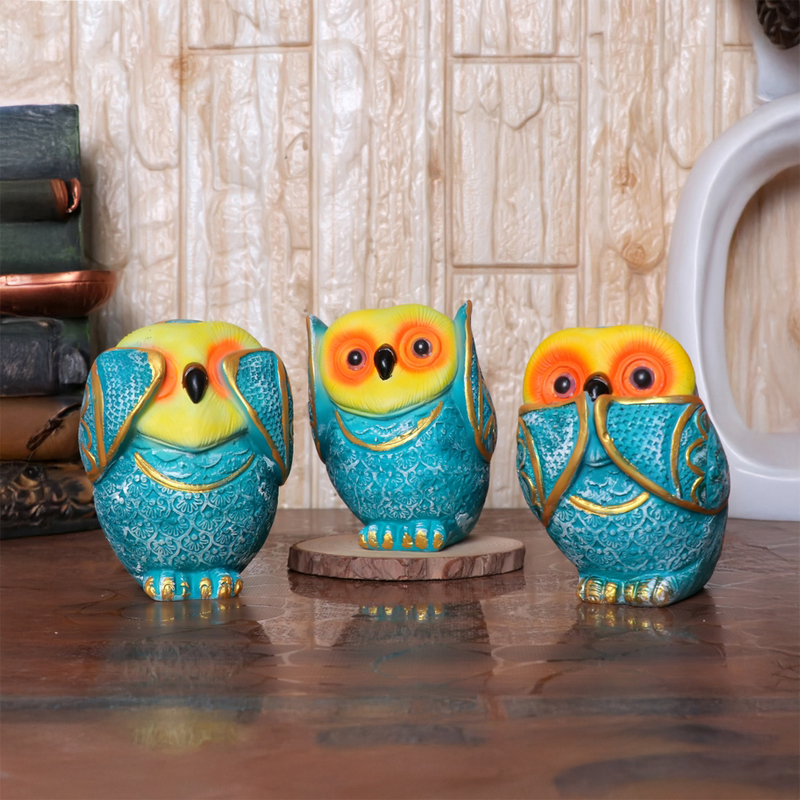 Ornate Owl Showpiece (Blue) - Set of Three