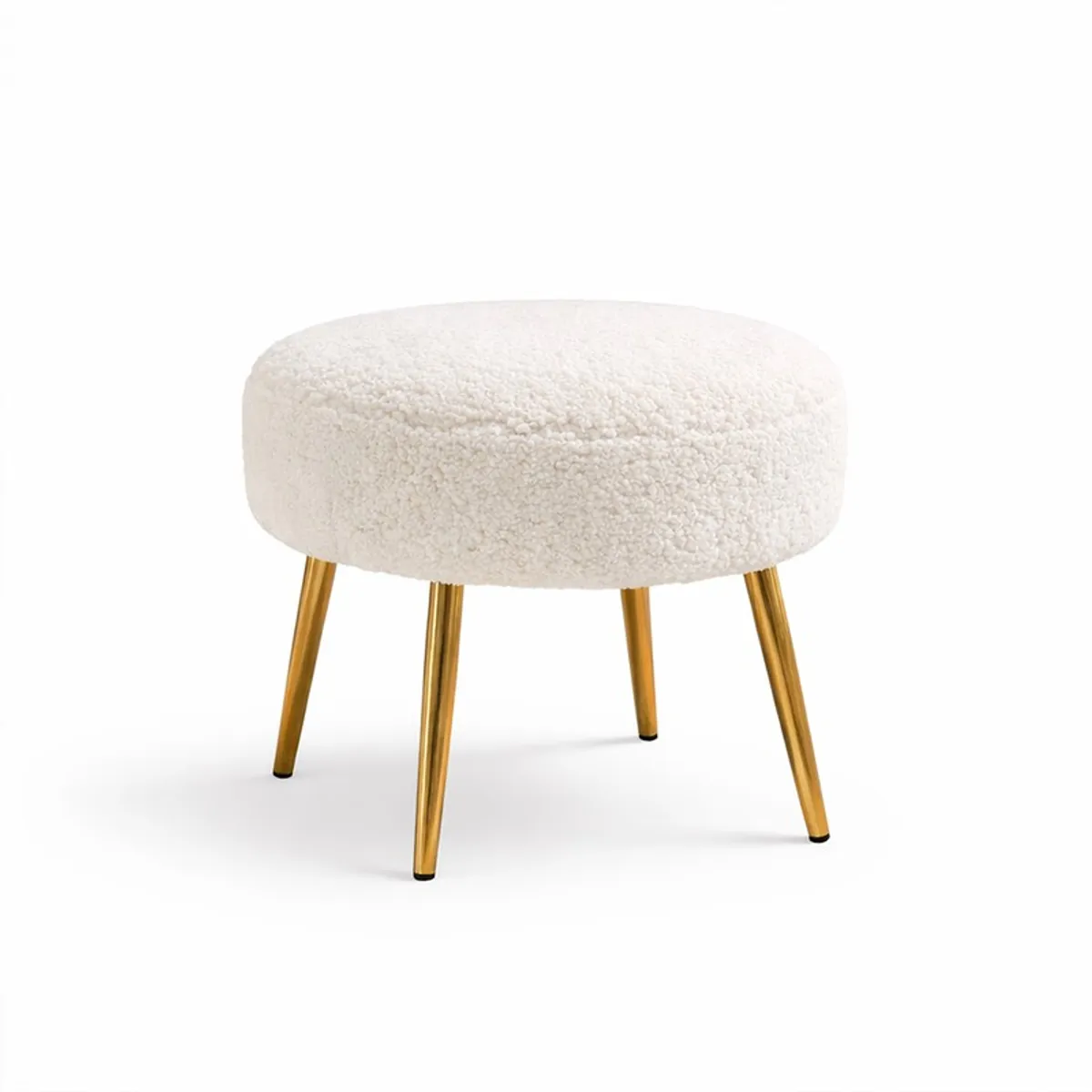 White round bouclé stool with four gold-finished legs on a white background