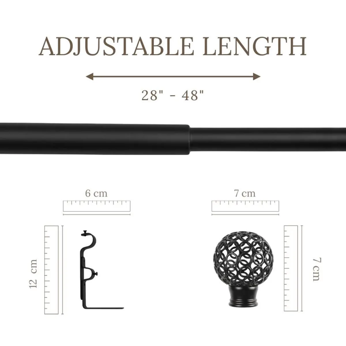 Black extendable curtain rod shown with round finial and bracket