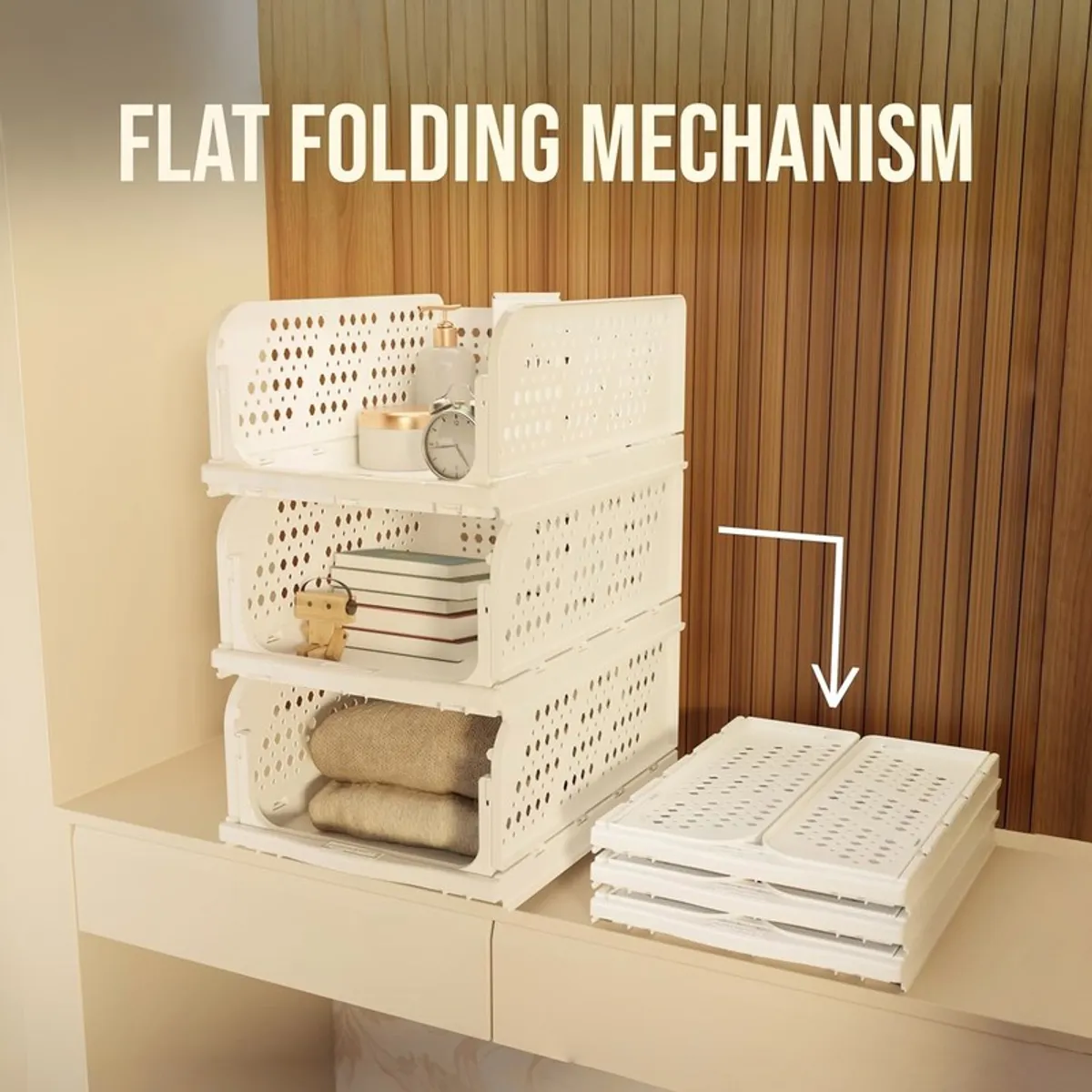 Stacked white organisers with one set folded flat beside them