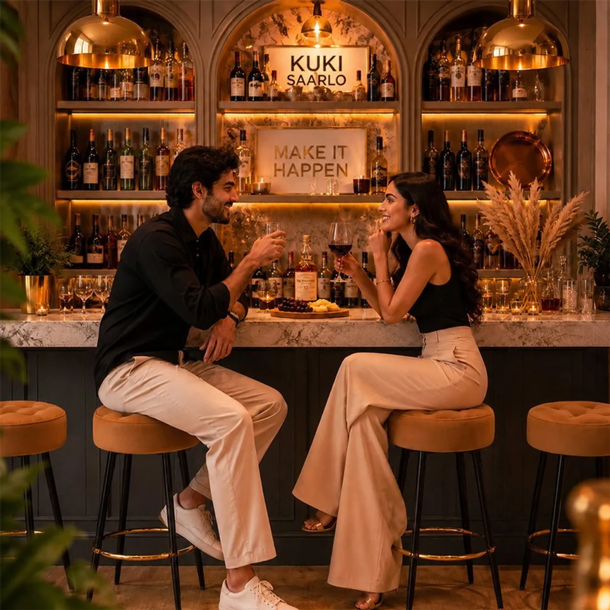 Brown bar stools arranged at a warmly lit bar counter