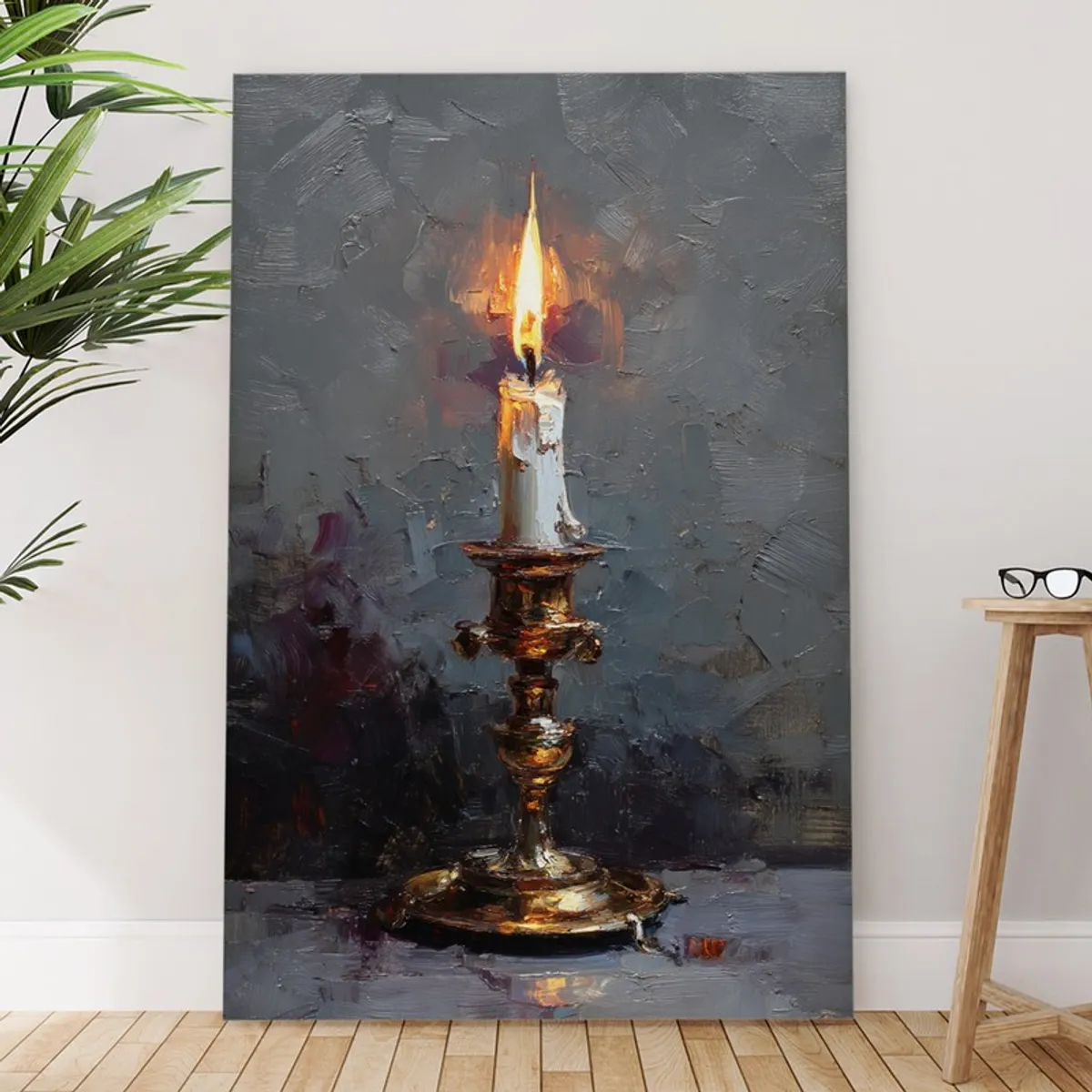 Large candlestick canvas wall painting styled against a light wall