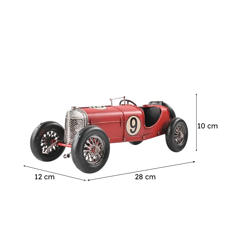 Red vintage race car showpiece with dimensions shown visually