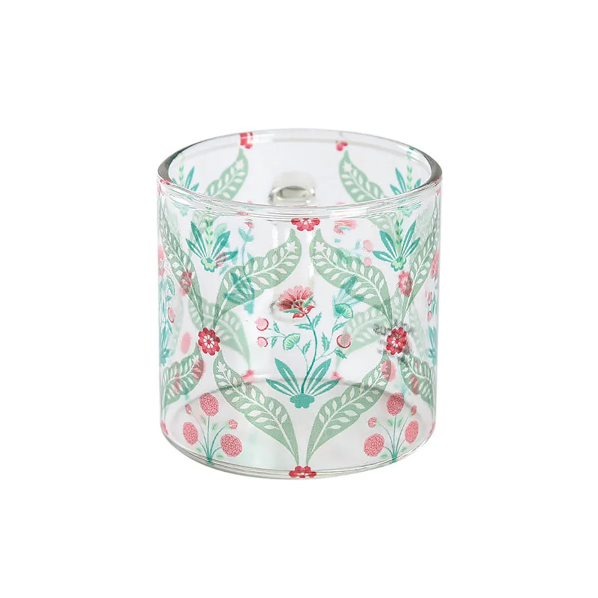 Single transparent glass mug with pink and green floral pattern