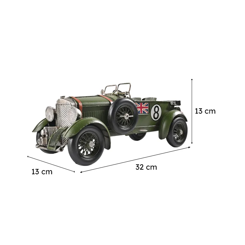 Olive green British racer showpiece with dimensions shown visually
