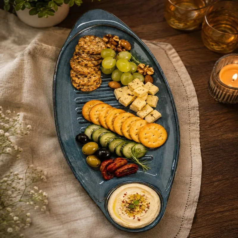Blue oval ceramic platter arranged with crackers, fruit, cheese and dip