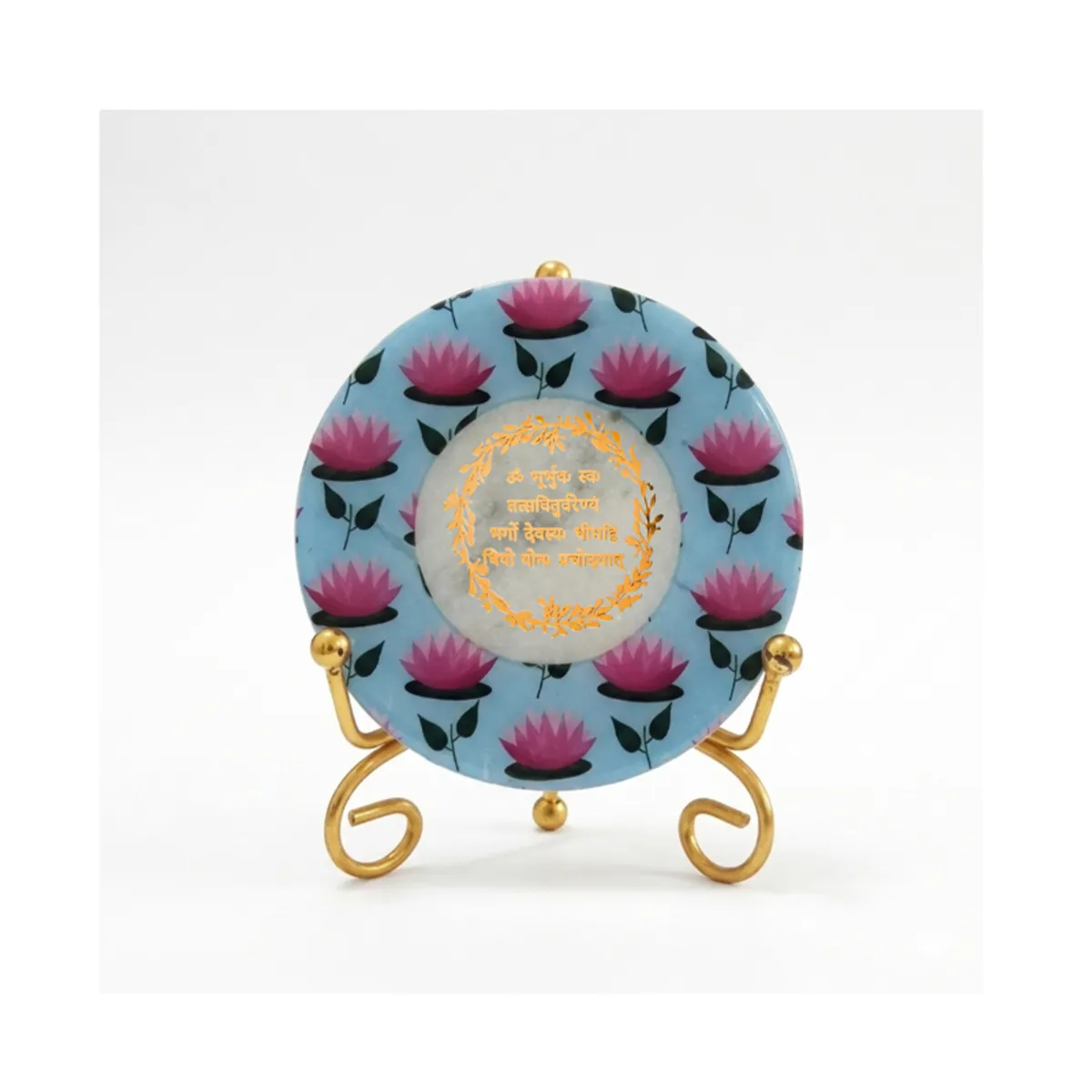 Front view of a round blue and pink lotus motif marble showpiece on a gold stand