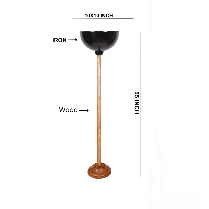 Floor lamp shown on a size reference graphic with black shade and wood stand