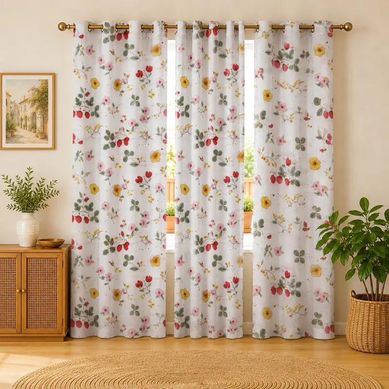 Rosevine Printed Cotton Curtains - Set of Three