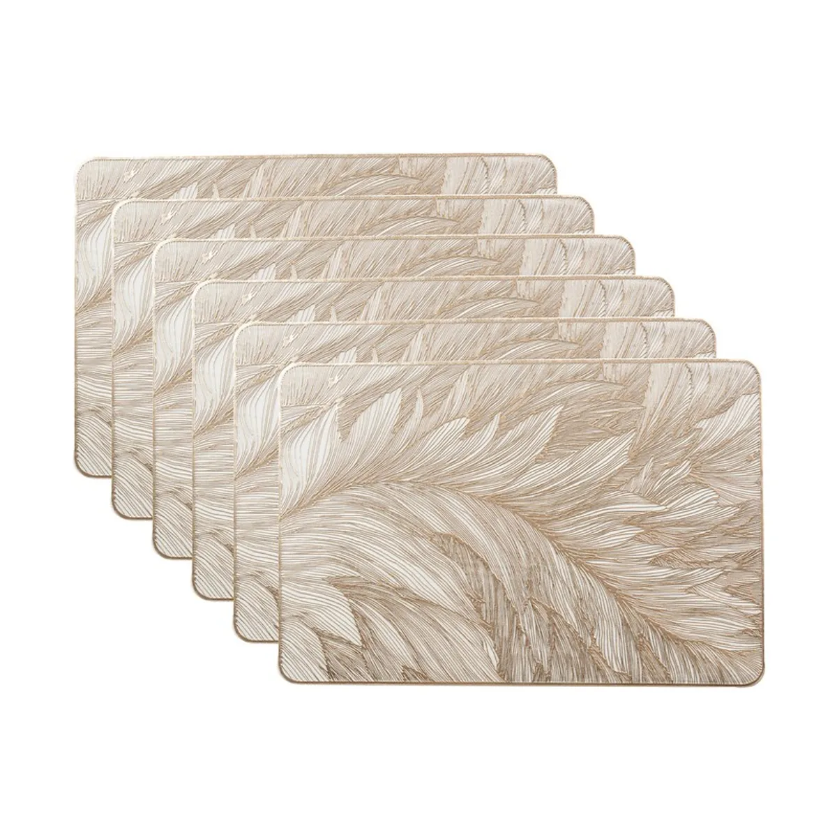 Set of six rectangular feather-pattern table mats in a light brown tone