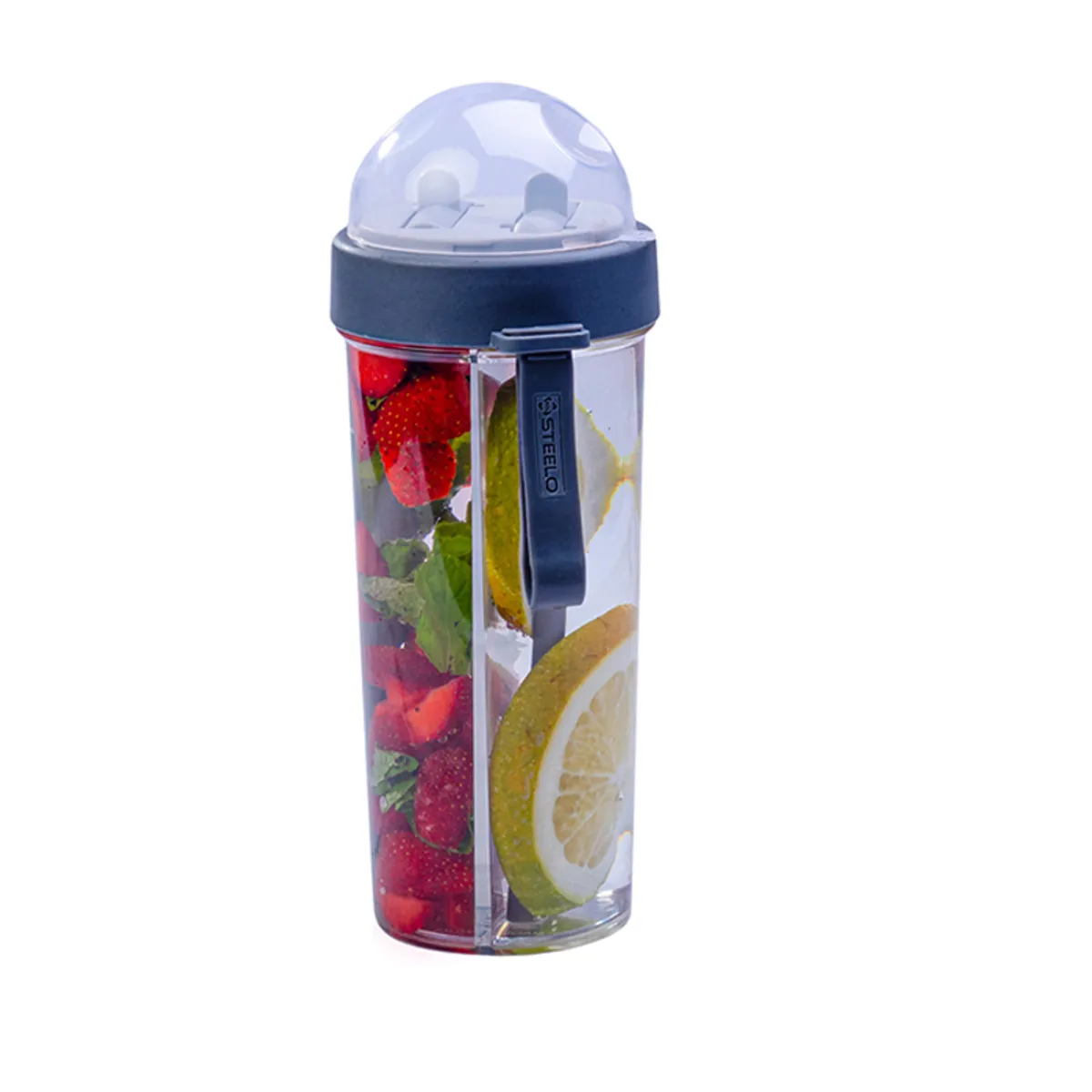 Front view of dual-compartment clear bottle with black lid and carry loop