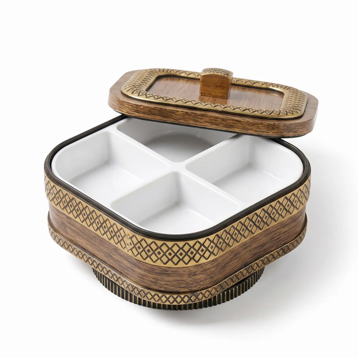 Open square brown and gold masala box with empty white interior sections