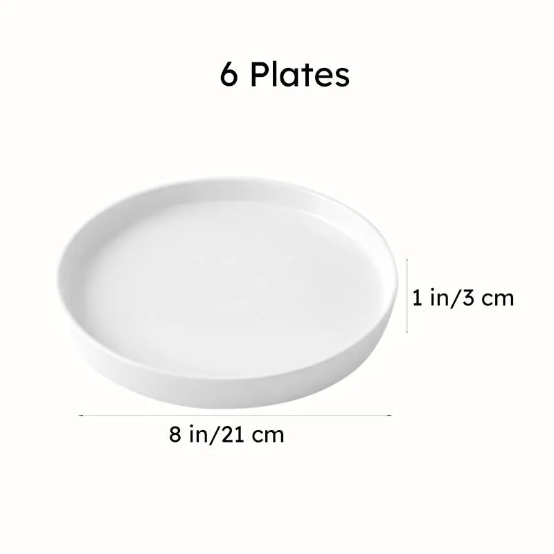 White round plate shown with printed size and six-piece quantity graphic