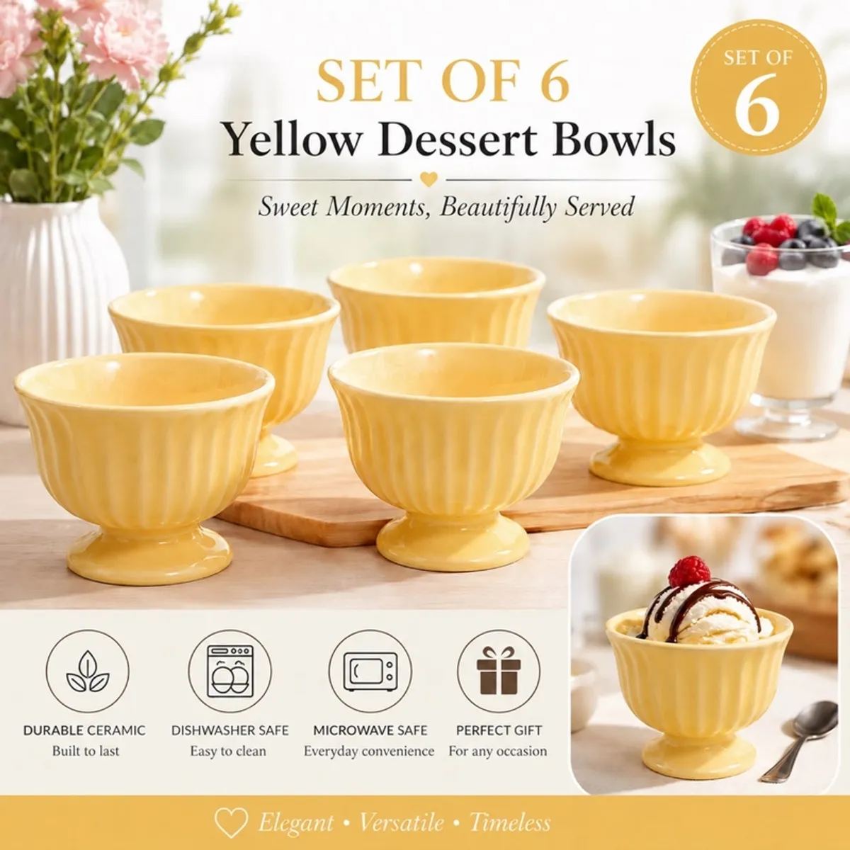 Six yellow dessert bowls with footed bases arranged on a wooden serving board