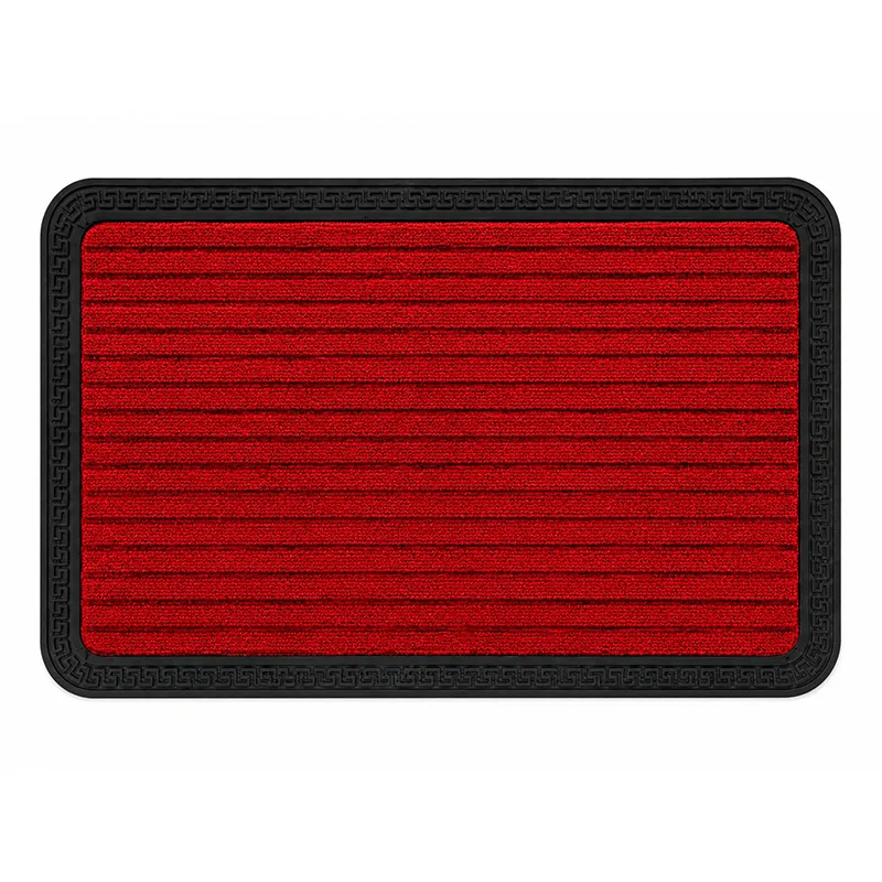 Rectangular red door mat with black border on a white background
