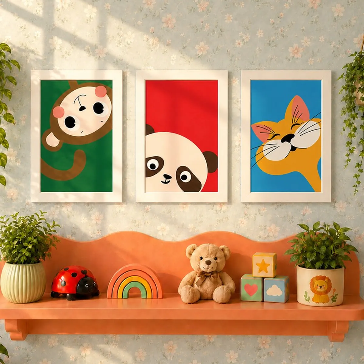 Framed monkey, panda and cat wall art styled above a shelf with toys