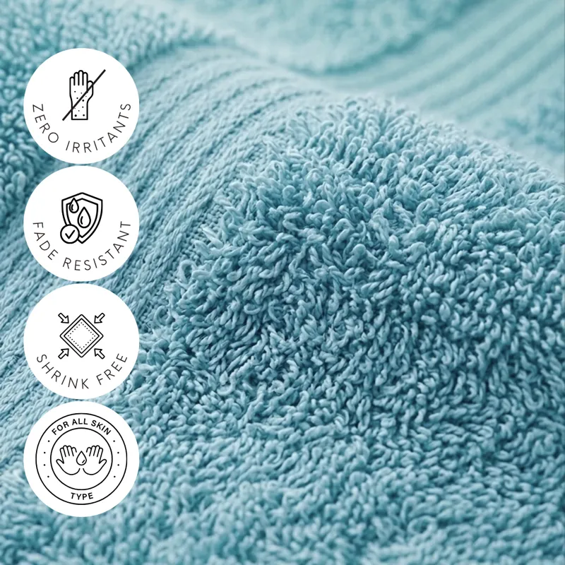 Close-up of mint towel texture with printed feature icons