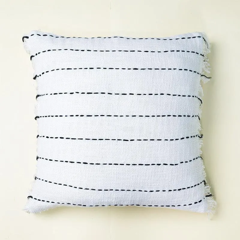 White square cushion cover with black horizontal stripes and fringed edges