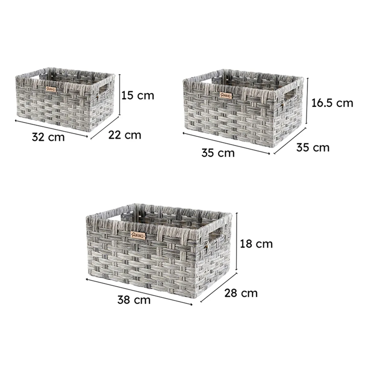 Three grey woven-look storage baskets shown with size dimensions