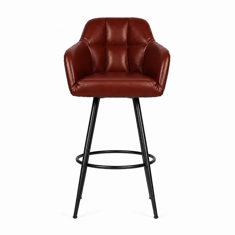 Front view of a brown upholstered bar chair with black metal legs