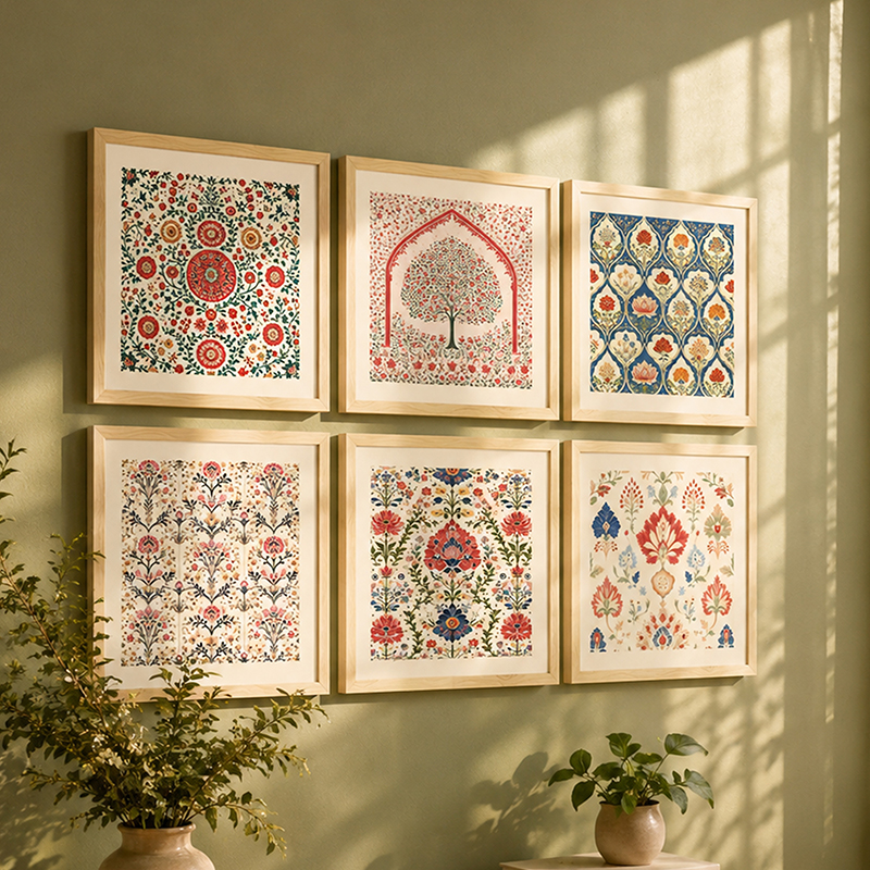 Ethereal Blossoms Paper Wall Painting With Frame - Set Of Six