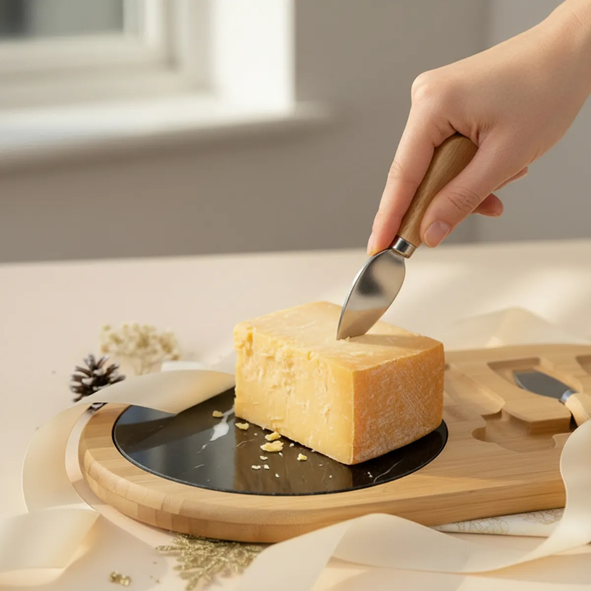 Close-up of a cheese knife cutting a cheese block on the platter's black board