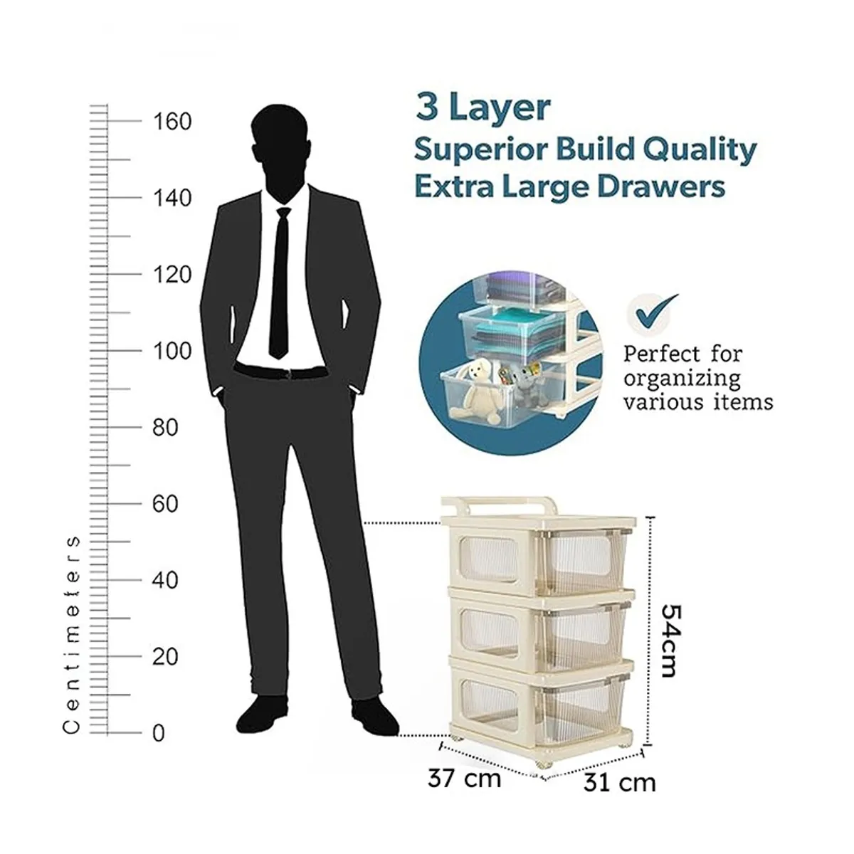 Three-layer storage rack shown with drawers and a 54 cm height reference