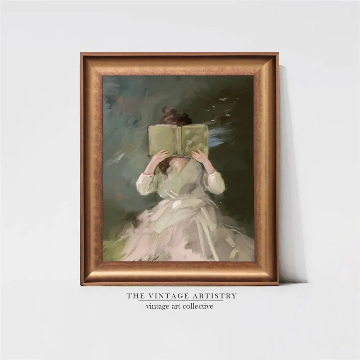 Front view of framed painting showing a woman holding a book over her face