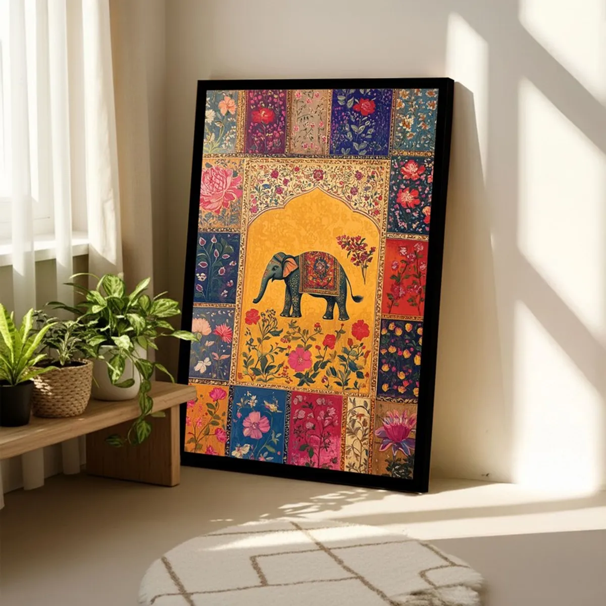 Multicolour elephant wall art with ornate floral design leaning near a window