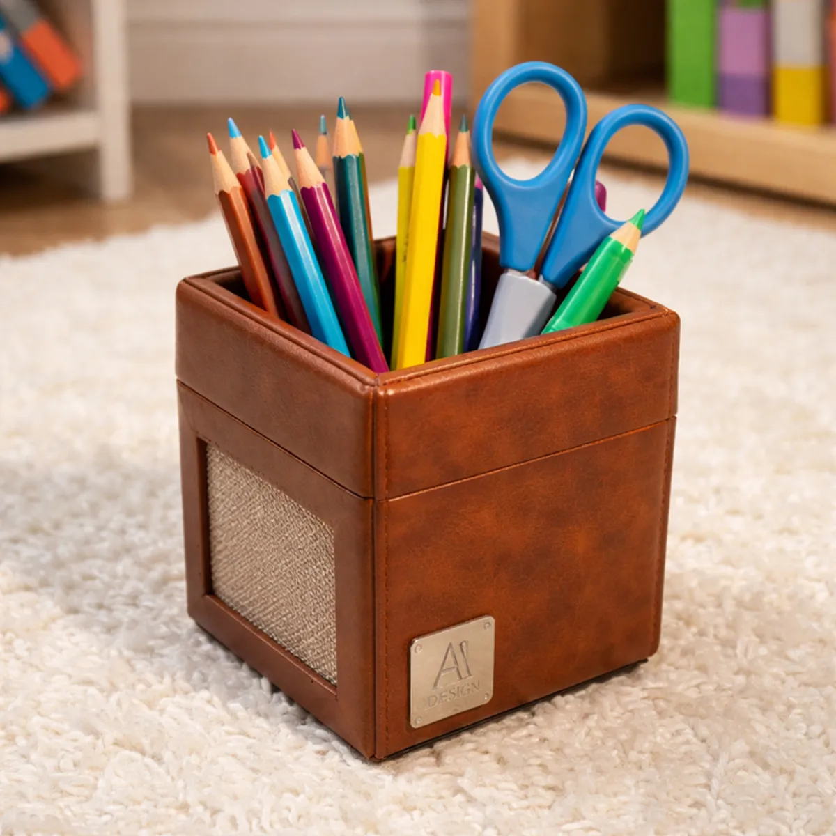 Brown pen stand holding colourful pencils and scissors in a room setting