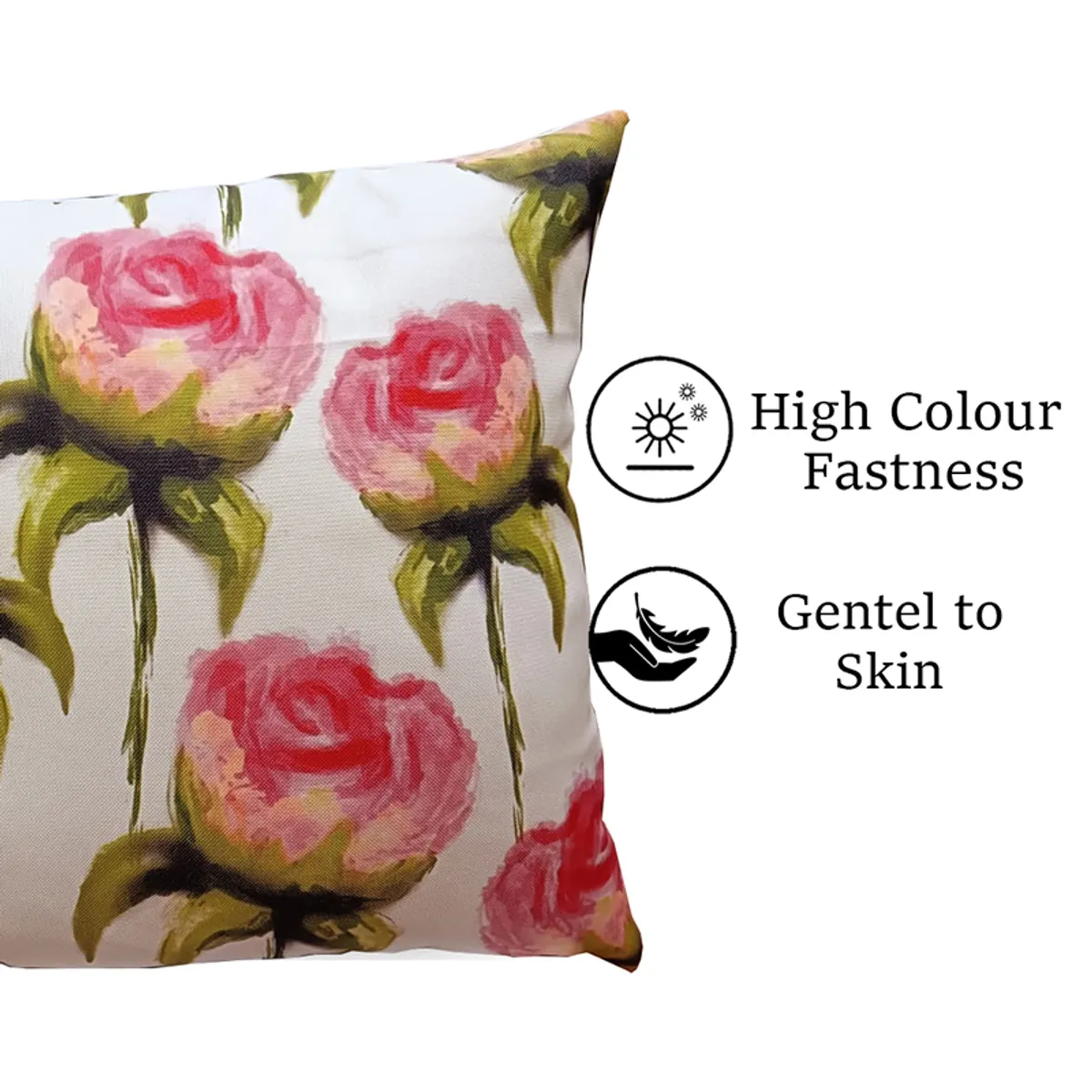Floral cushion cover showing large pink roses and green leaves