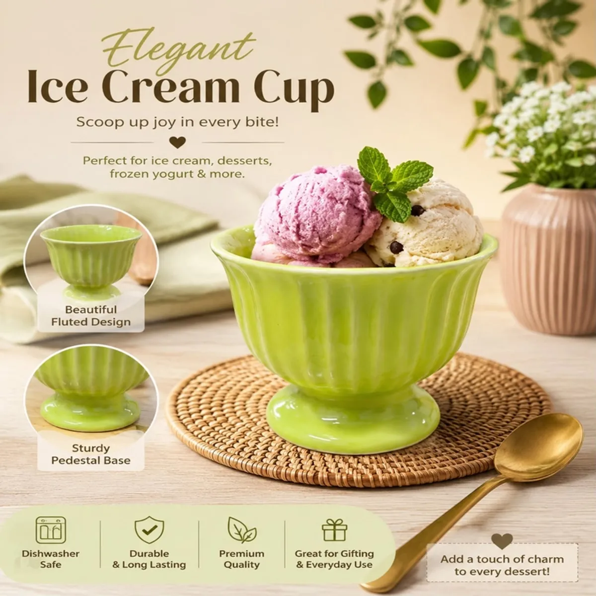 Green fluted ice cream cup with a wide rim and pedestal base