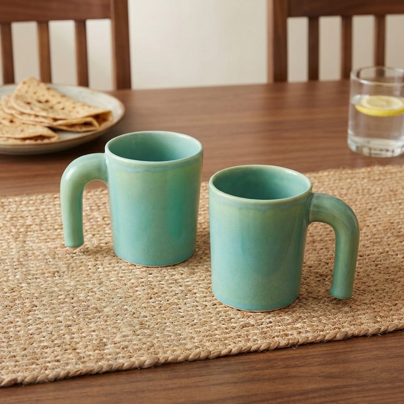 Morning Brew Ceramic Coffee Mugs (Green/300 mL Each) - Set of Two - 300 mL