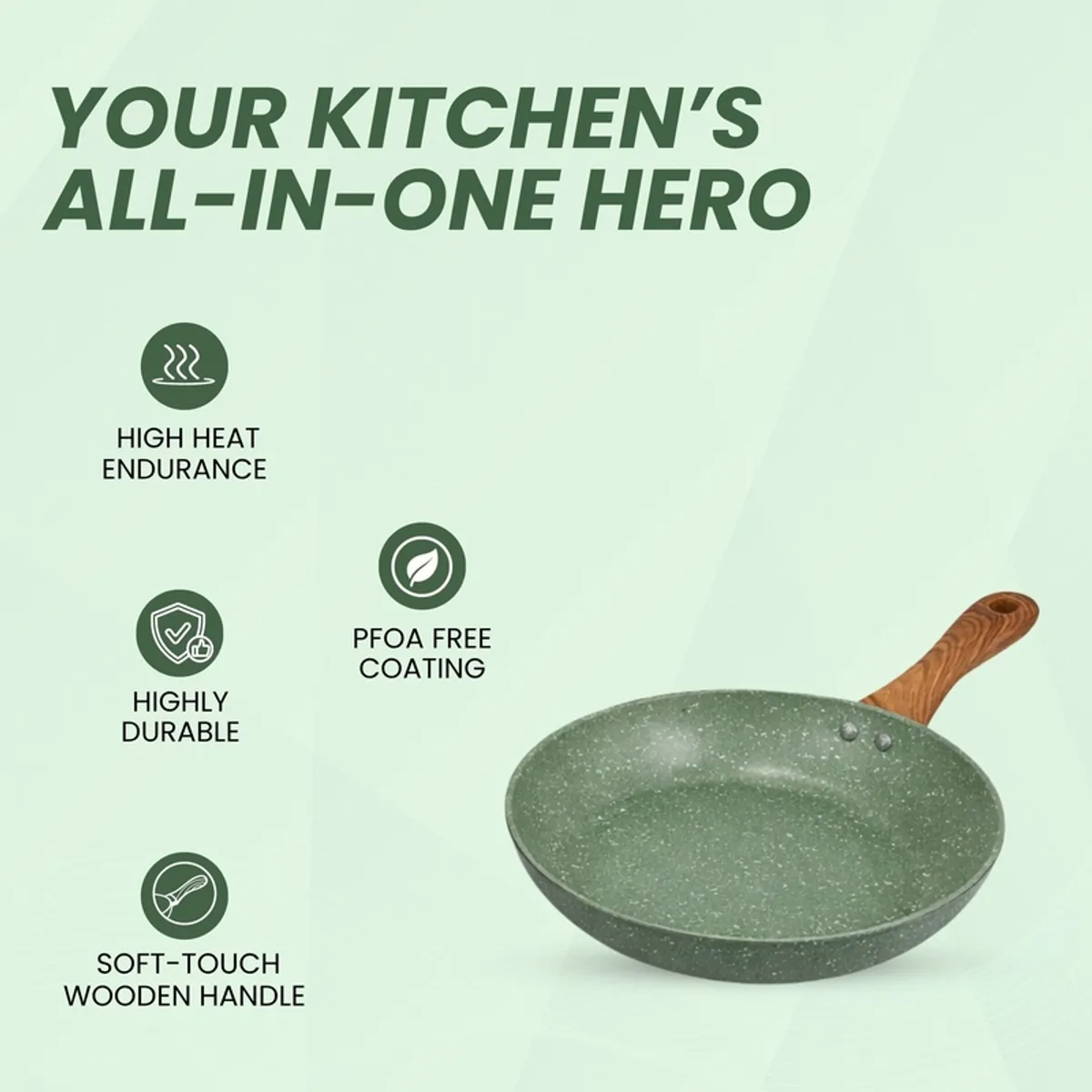 Green frying pan with wooden-look handle and feature callouts