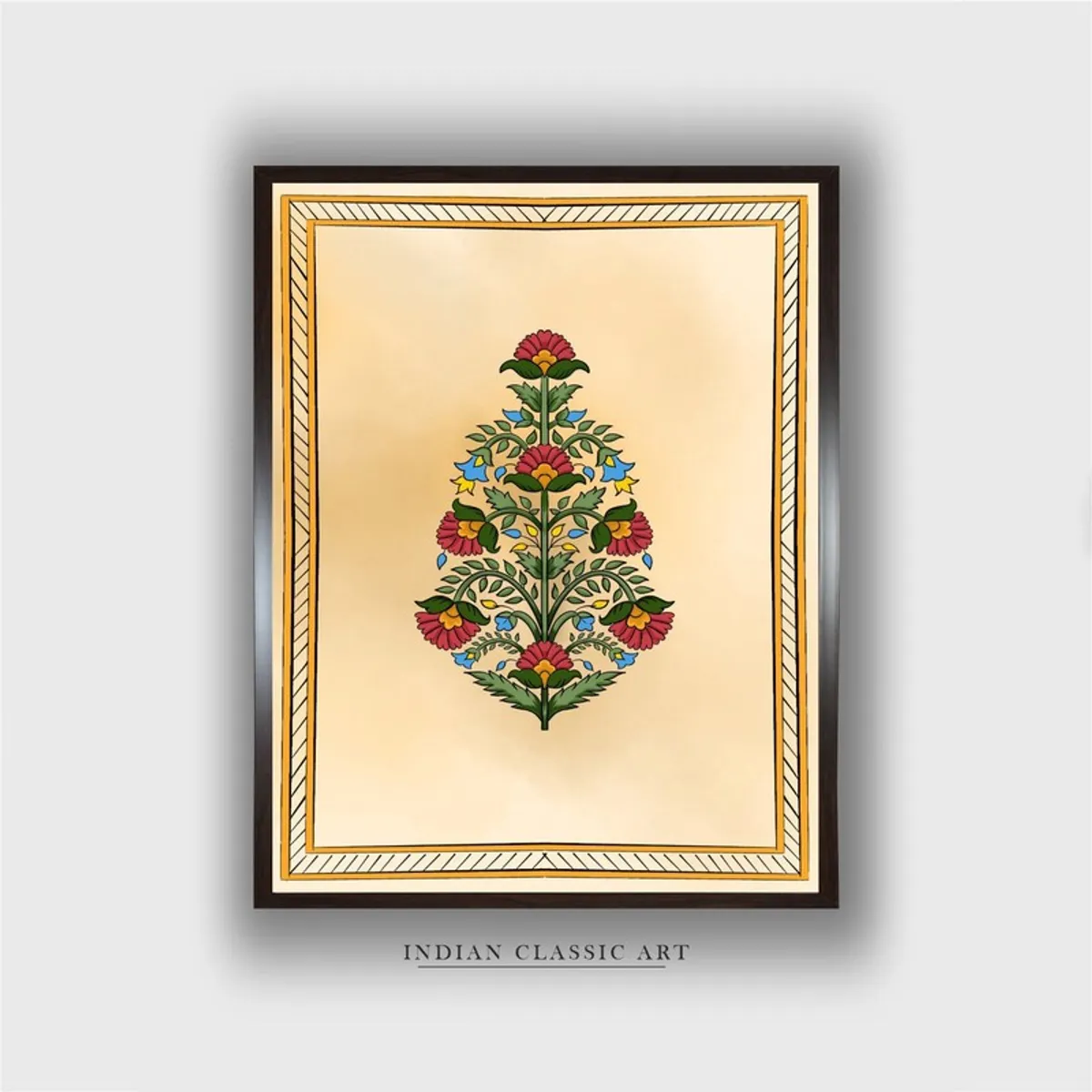 Front view of framed floral canvas wall painting on a light background