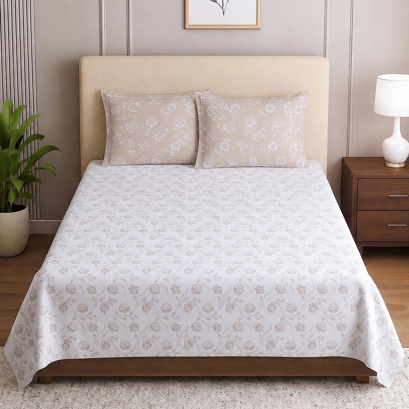 Virelle Cotton Bedsheet - White,Beige - Single